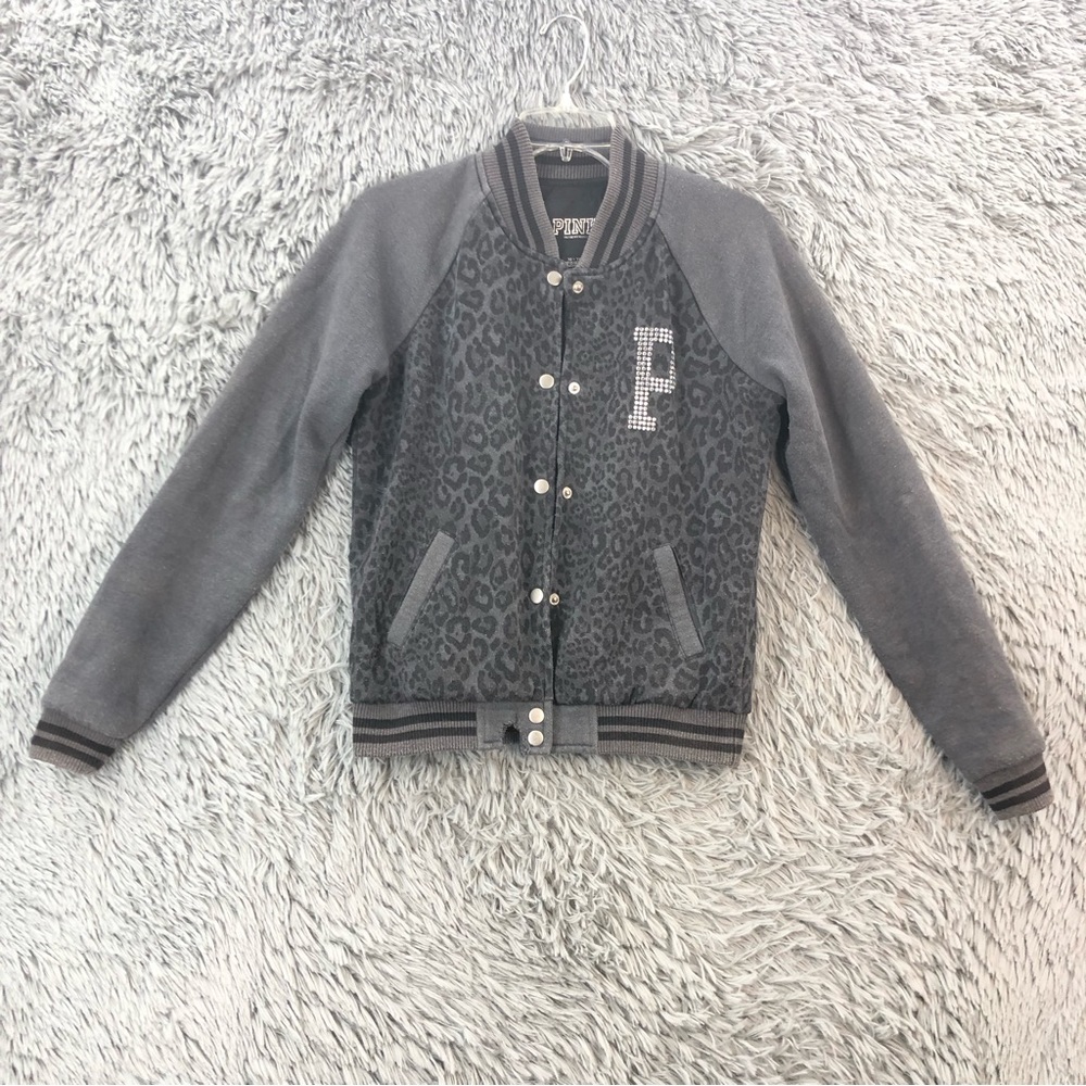Pink Victorias Secret Jacket Coat Size XS Gray Cheetah Print Snap Button Pockets